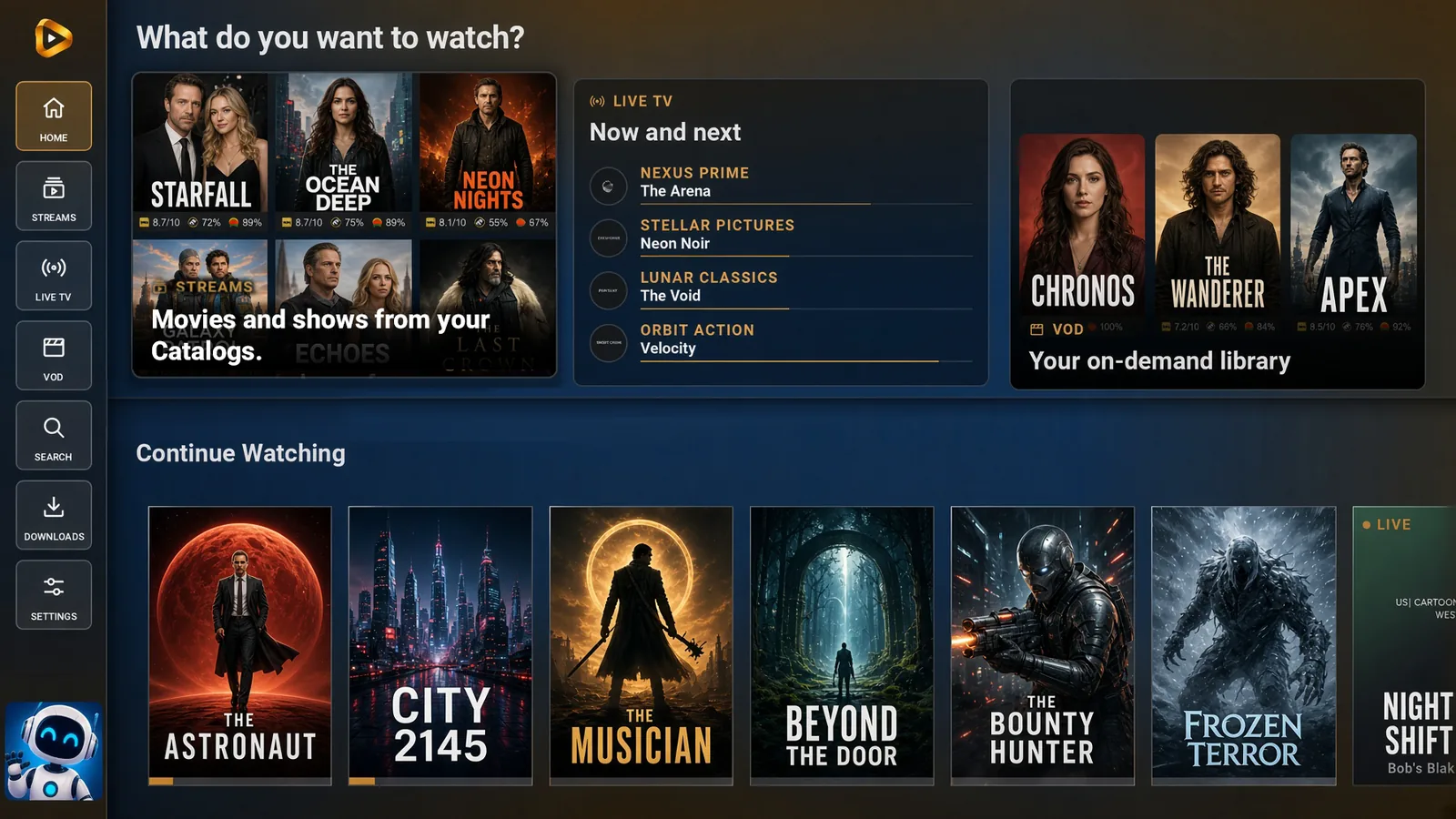 LiteAIO TV home with catalogs, live channels, and Continue Watching